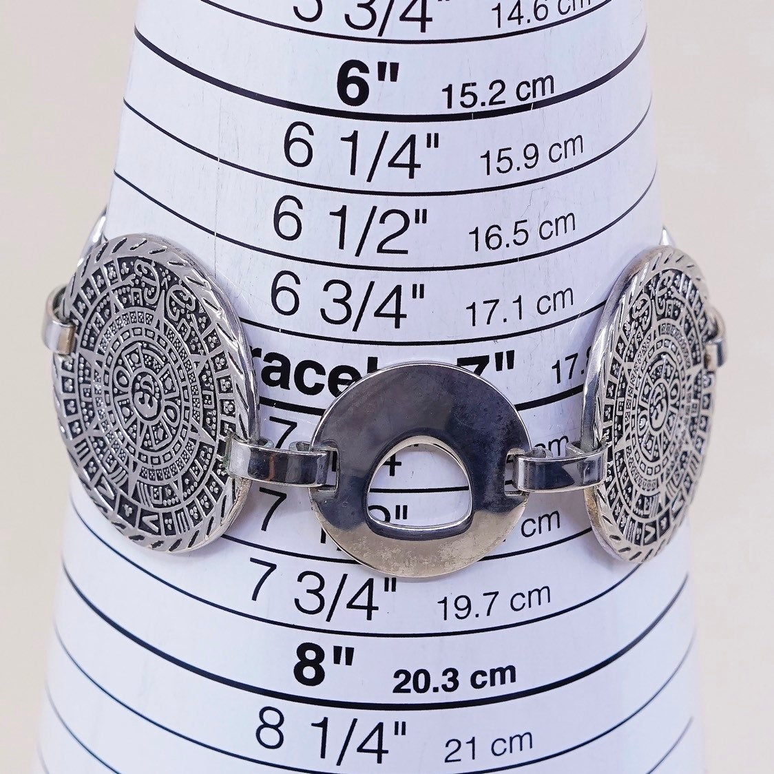 7.5”, VTG Sterling silver handmade bracelet, 925 Aztec perpetual calendar links