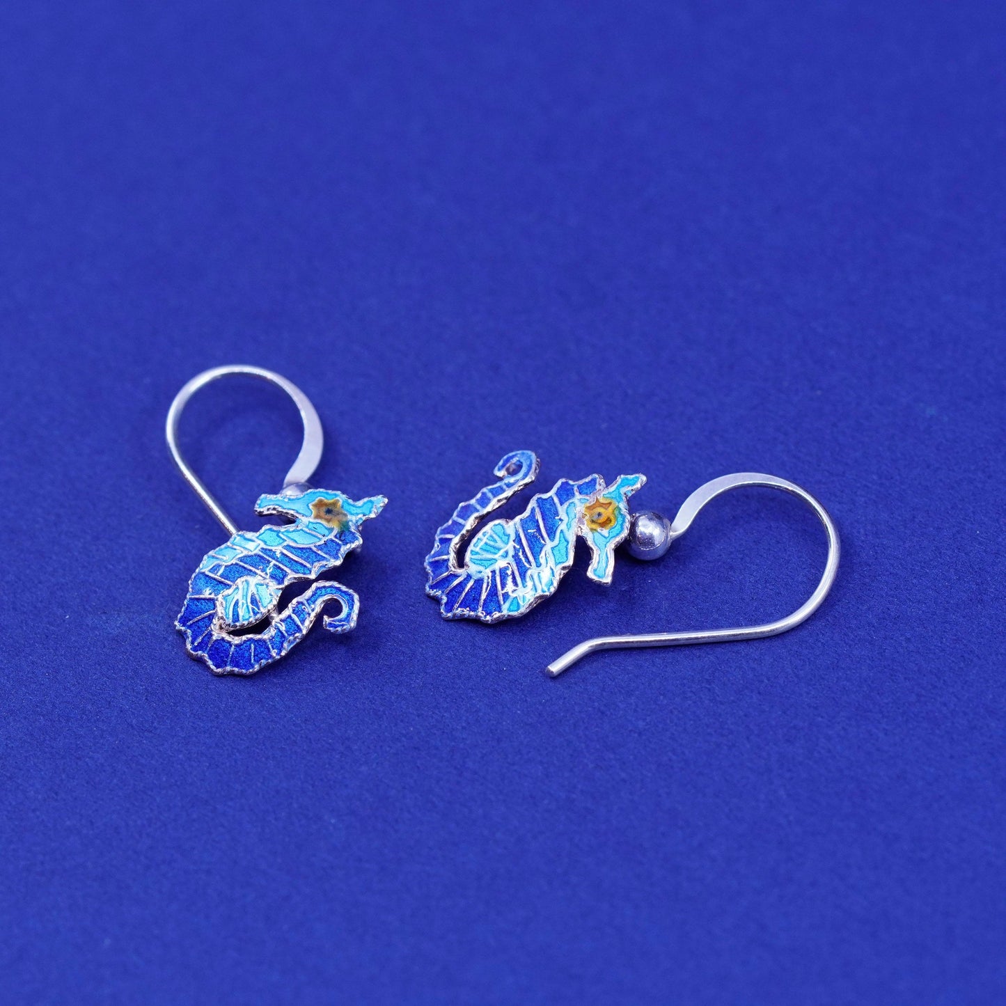 Vintage Sterling 925 silver handmade earrings, blue enamel seahorse