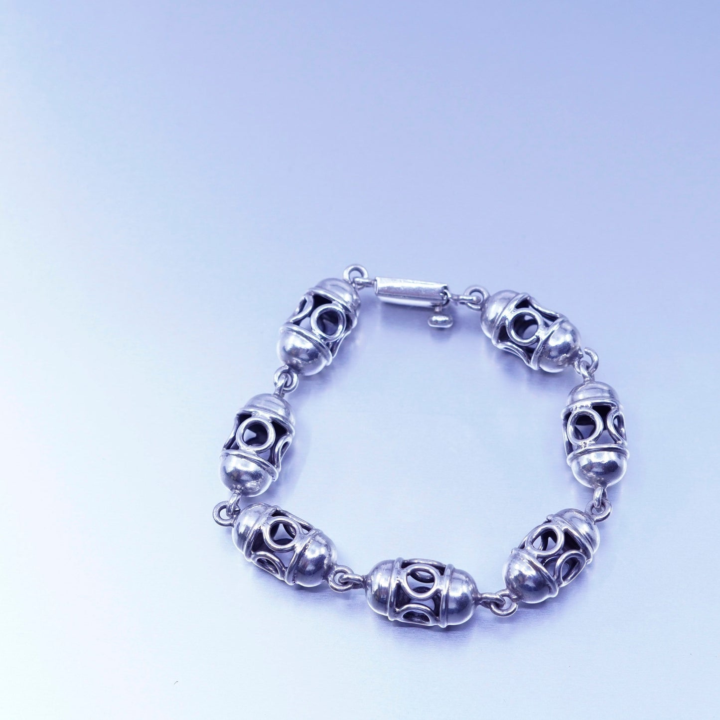 6.75”, vtg Mexico Sterling 925 silver handmade bracelet, filigree beads chain