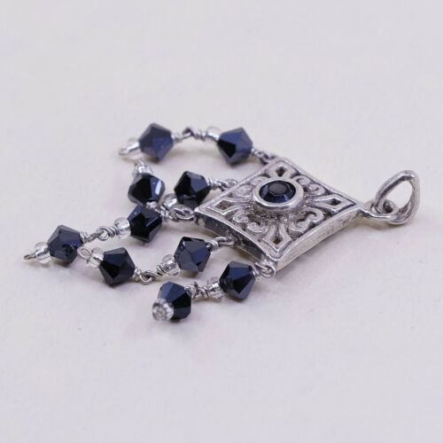 Vtg Handmade Sterling Silver Pendant, 925 Filigree Cross W/ Obsidian N Fringe