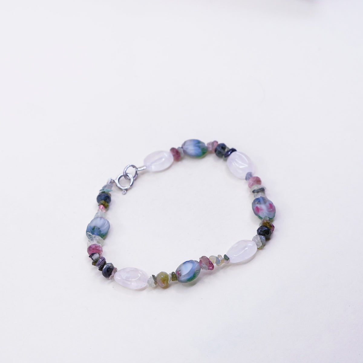 7.5”, vintage Sterling 925 silver handmade bracelet with pink quartz beads