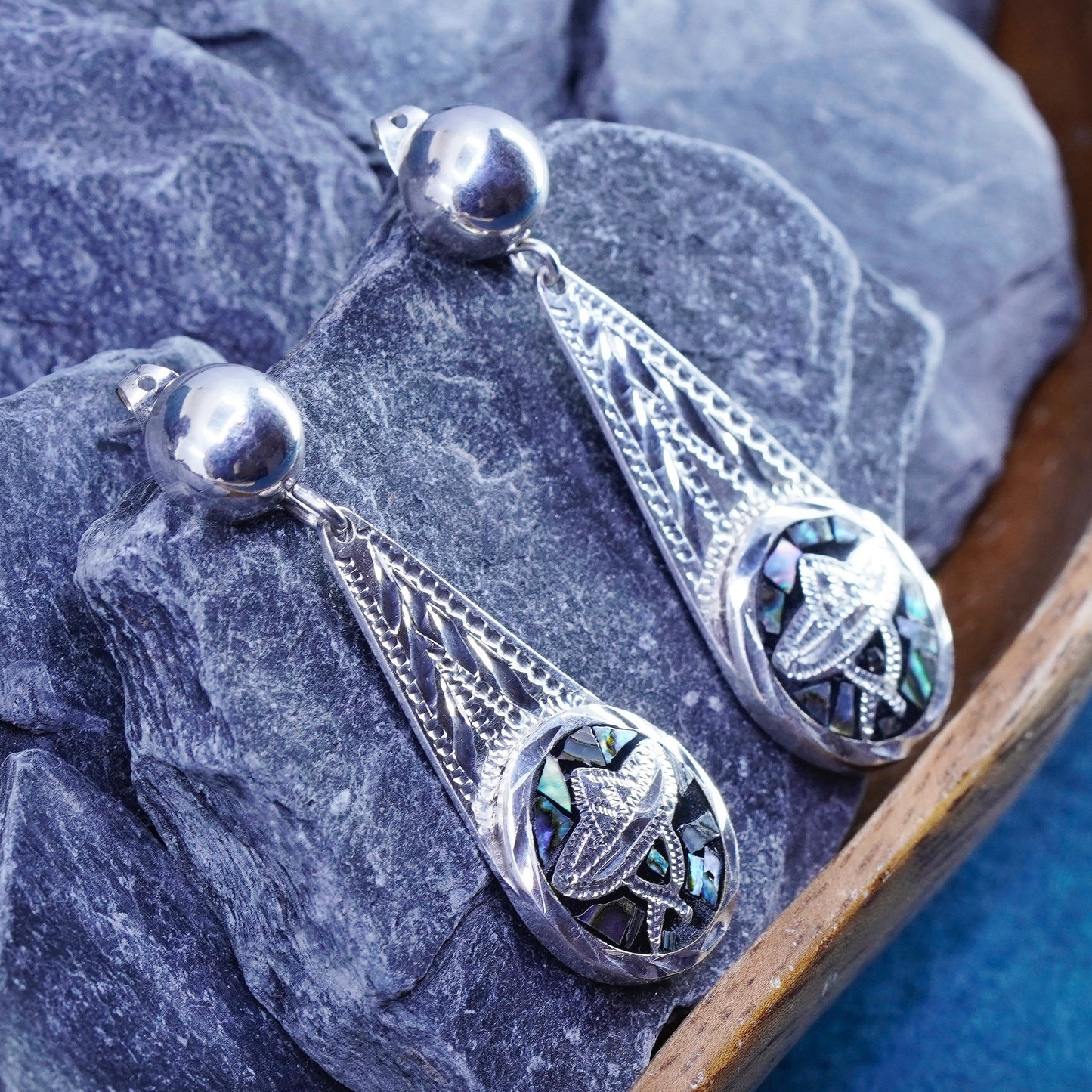 Mexico Sterling 925 silver handmade teardrop earrings abalone Sombrero hat
