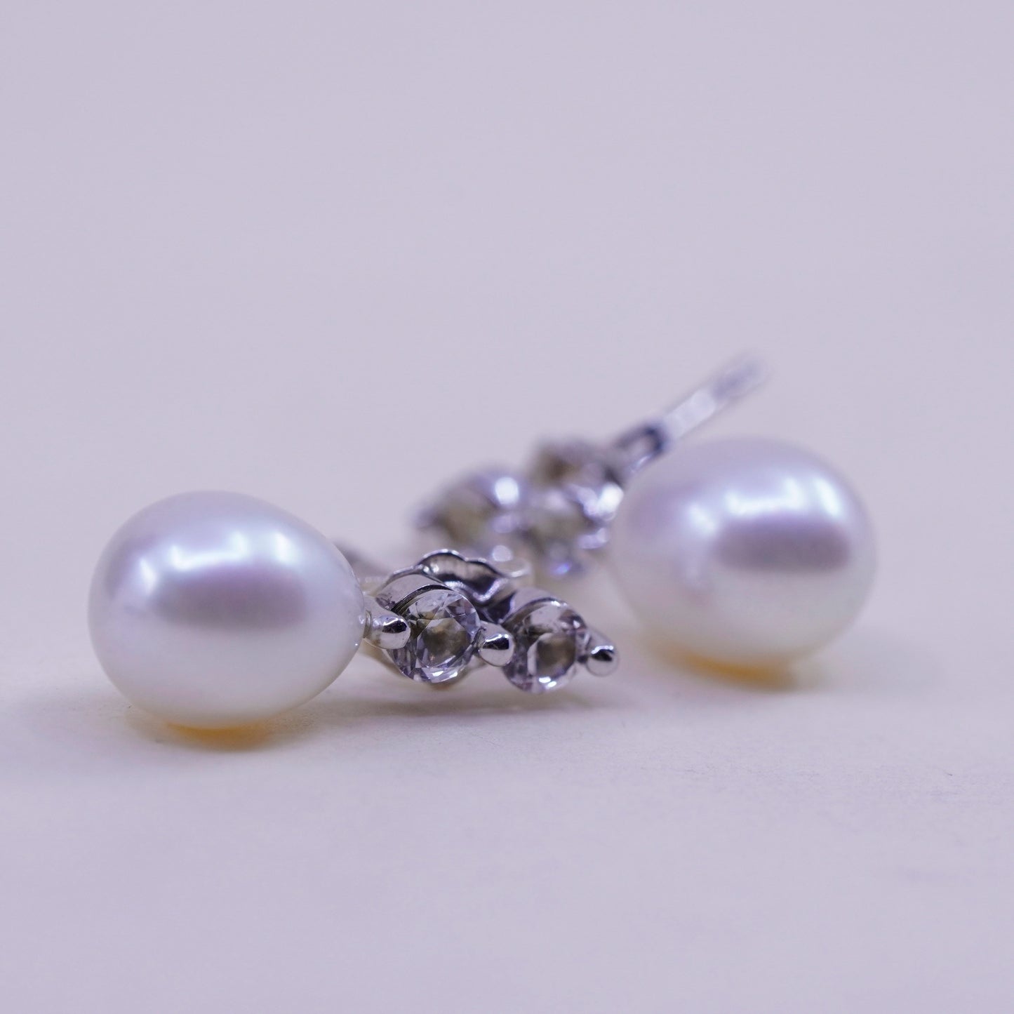 Vintage sterling silver earrings, 925 studs with pearl and cz