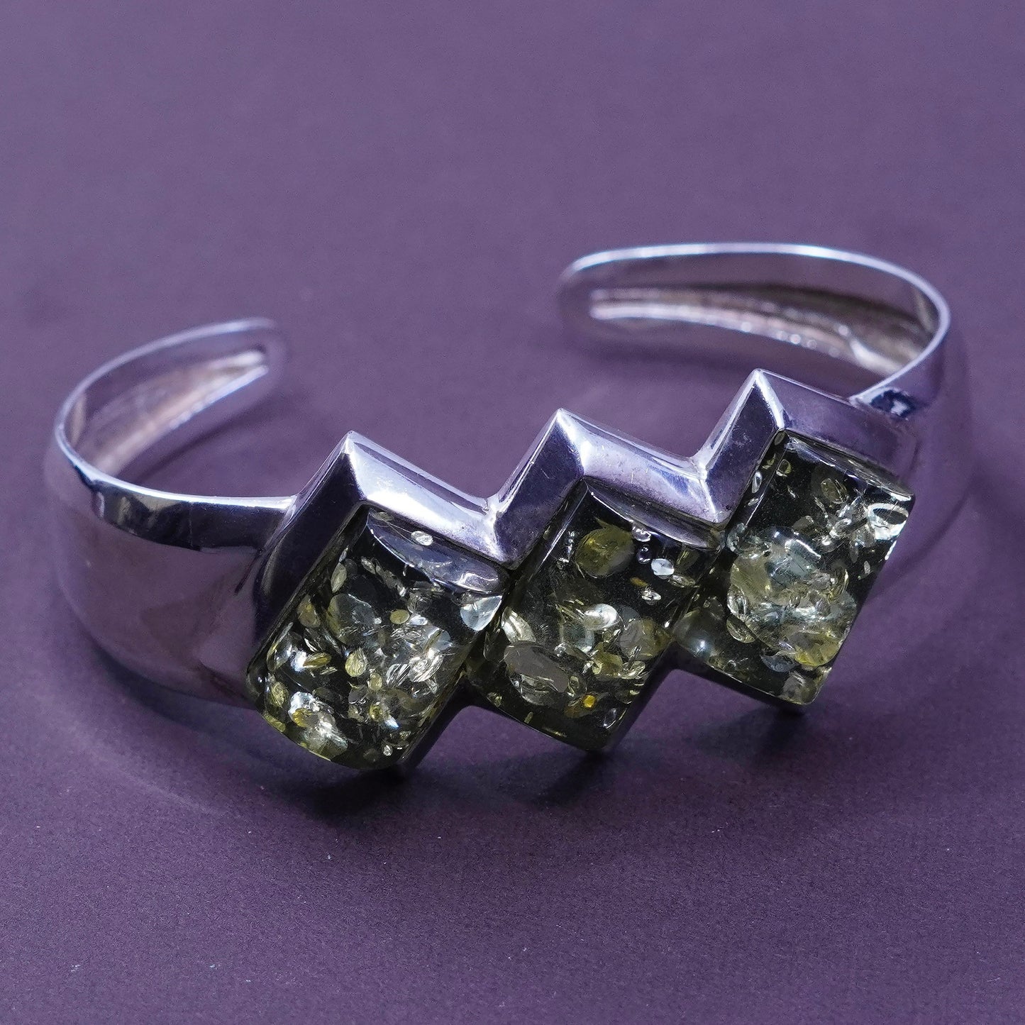 6.5”, Sterling silver handmade bracelet, statement 925 cuff with green Amber