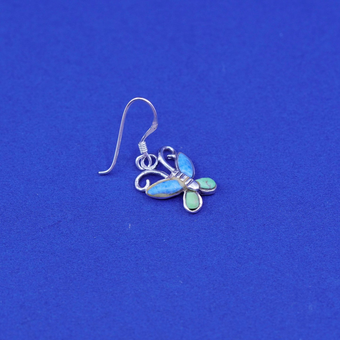Vintage Sterling silver handmade dangles, 925 butterfly earrings with turquoise