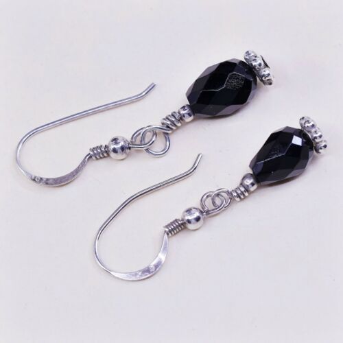 Vtg Southwestern Sterling 925 Silver Handmade Earrings W/ Obsidian Bead