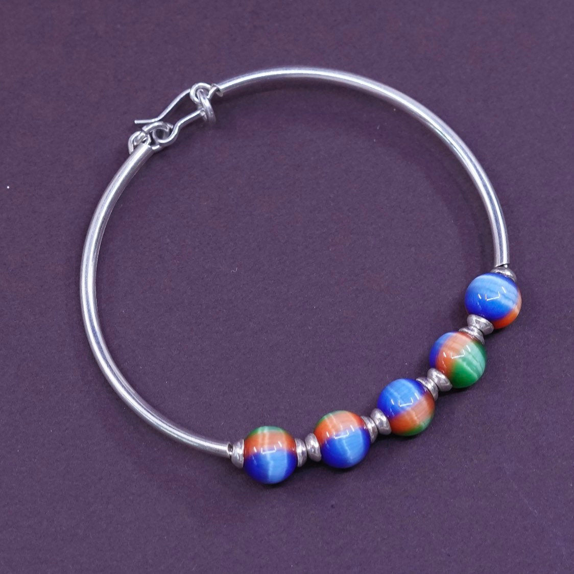 7”, vtg Sterling silver handmade bracelet, 925 hinged bangle w/ tiger eye beads