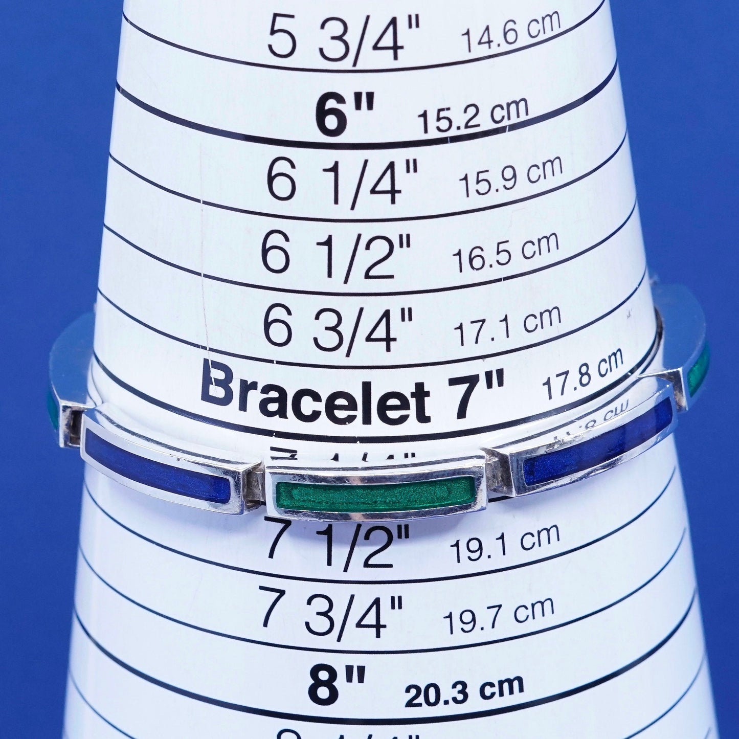 7.25”, vintage Sterling silver handmade bracelet, 925 bar with enamel