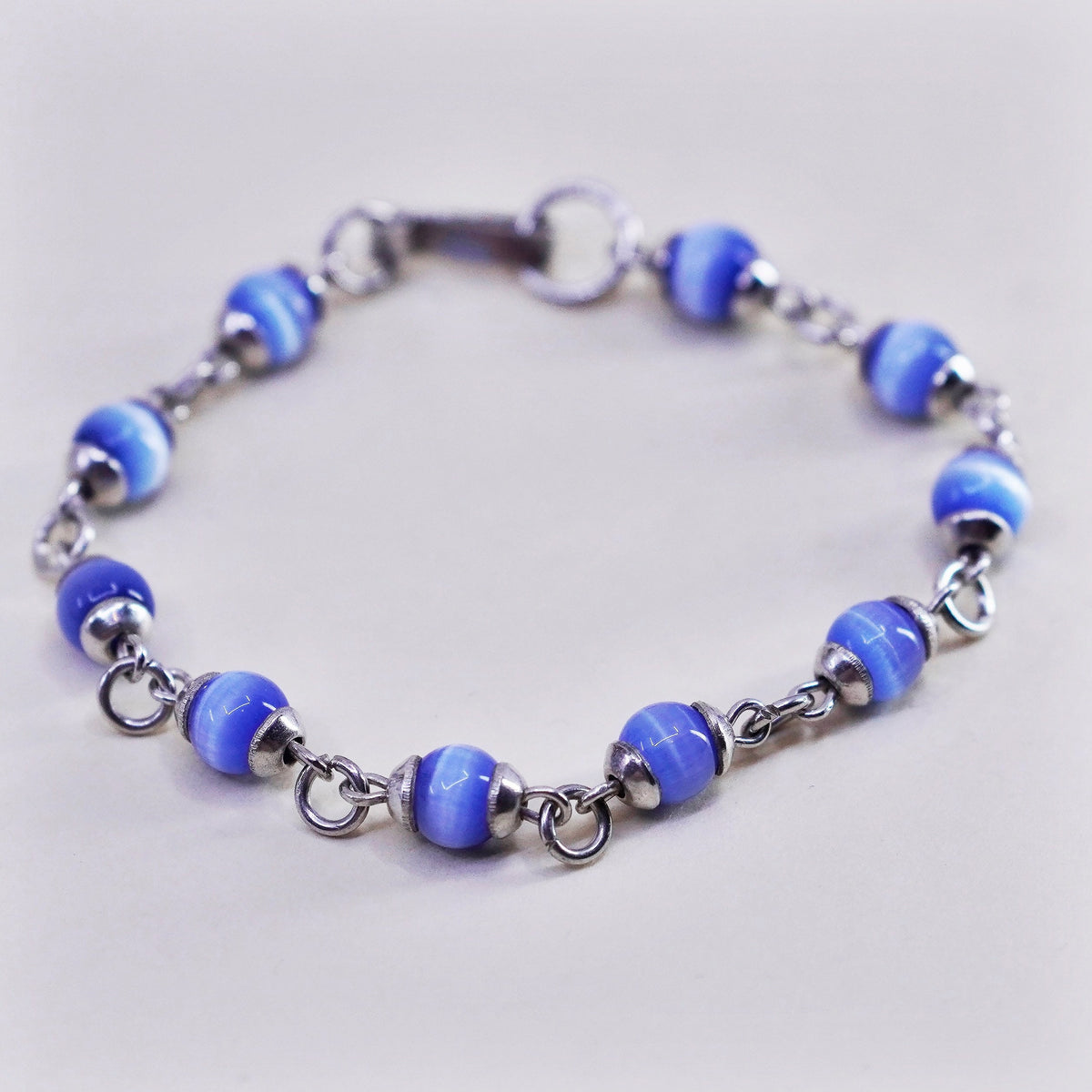 6”, Vintage Mexico sterling silver bracelet, 925 beads with blue cats eye