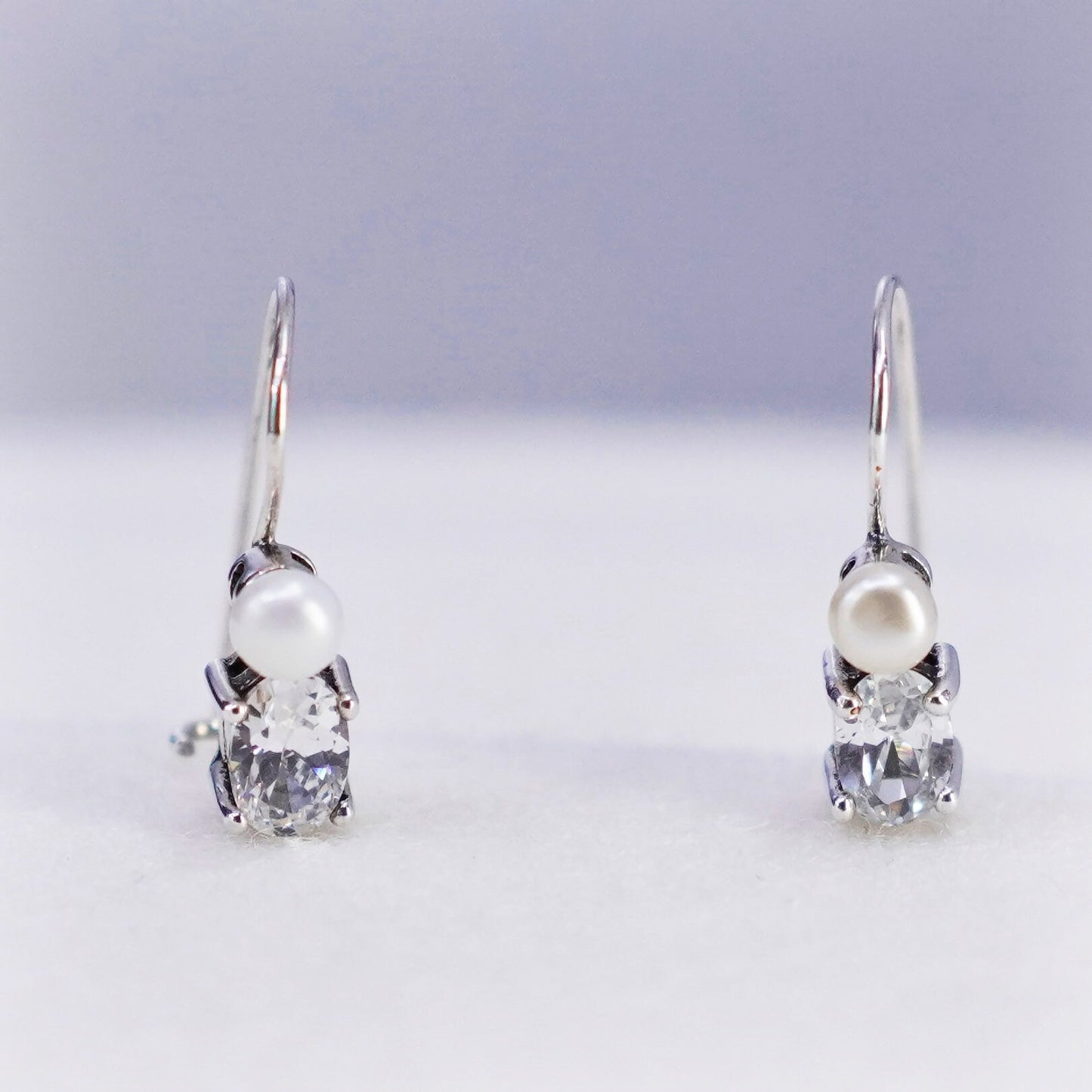 Vintage Sterling 925 silver earrings, dangle with pearl and Cz