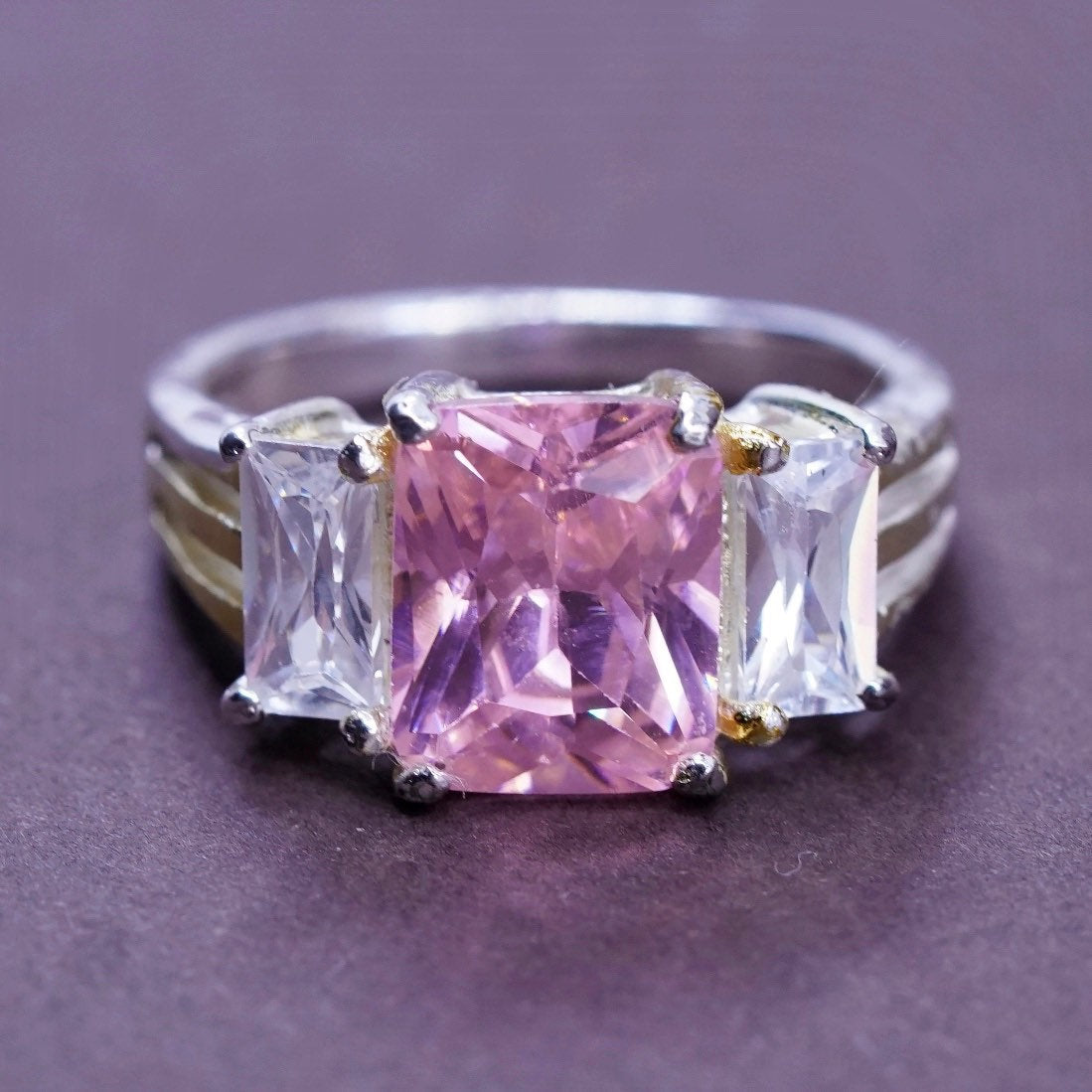 Size 7, vintage Sterling 925 silver ring with pink crystal and clear cz