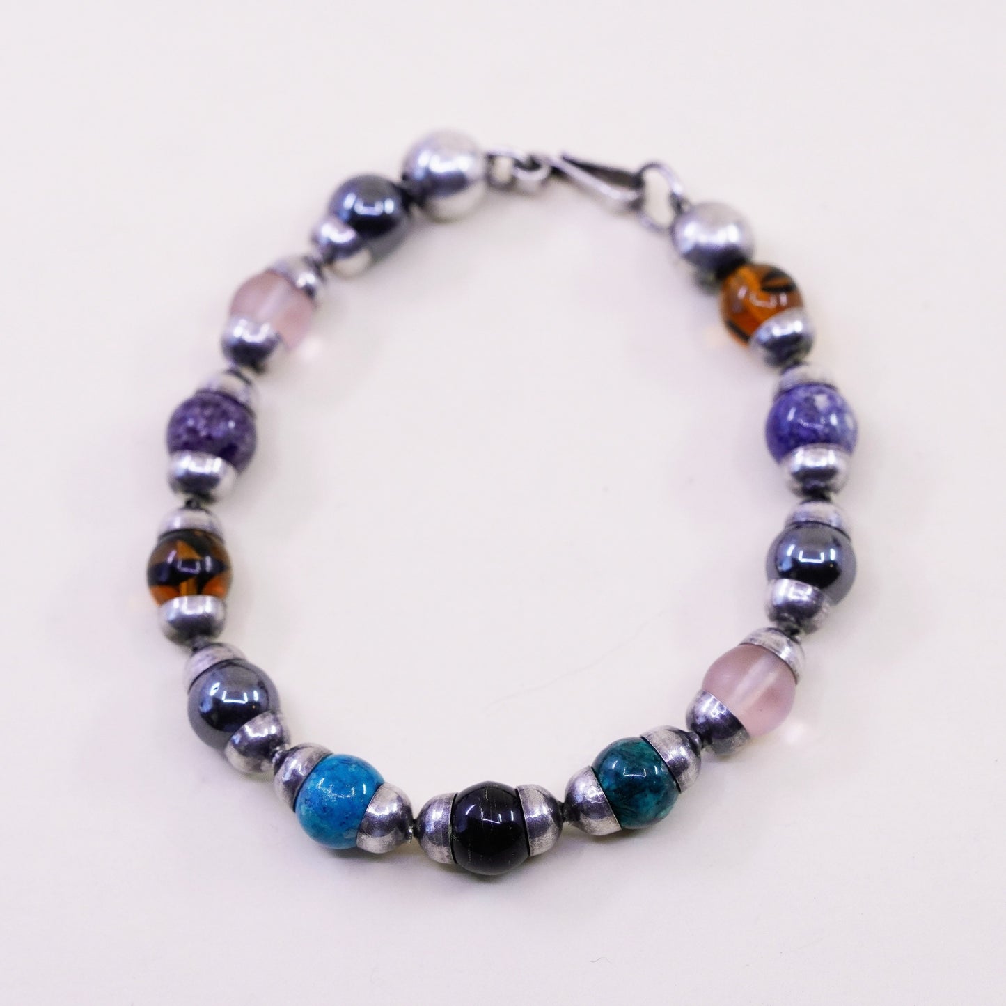 6.75”, Mexico Sterling 925 silver bracelet onyx sodalite jasper hematite amber