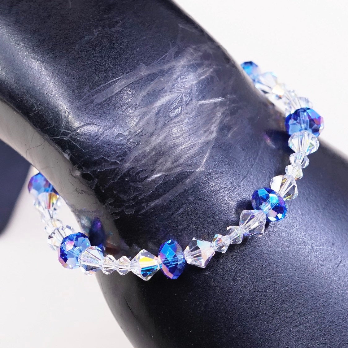 7.25", Sterling silver handmade bracelet, clean N blue crystal Swarovski beads