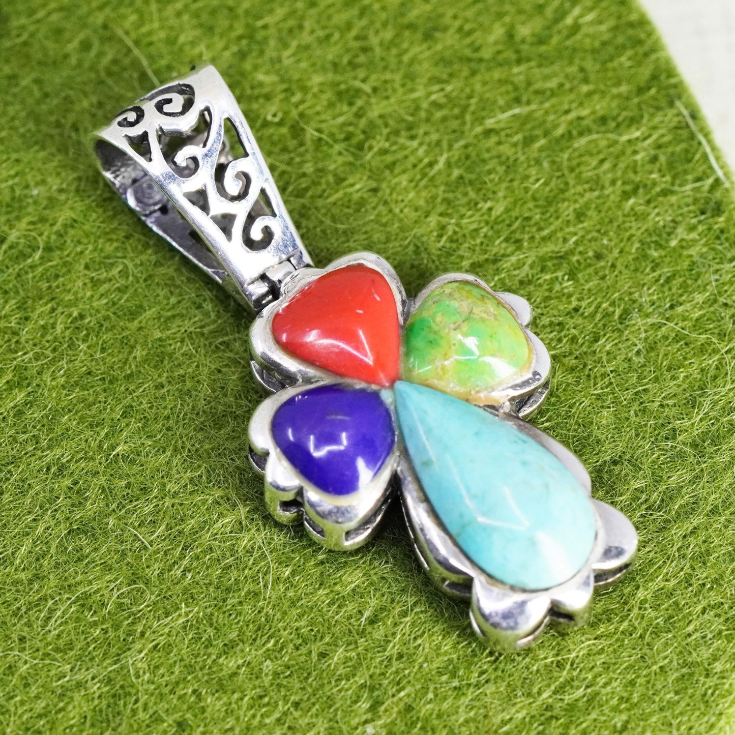 Southwestern sterling silver pendant, 925 cross turquoise lapis lazuli coral,