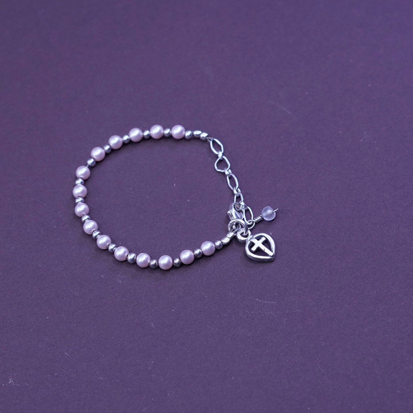 5.25”, Sterling 925 silver handmade bracelet, pearl beads chain heart cross