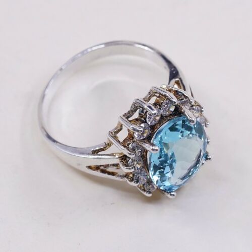 Sz 8.25, Vtg Sterling Silver Cocktail Ring, 925 W Blue topaz N Cz Around