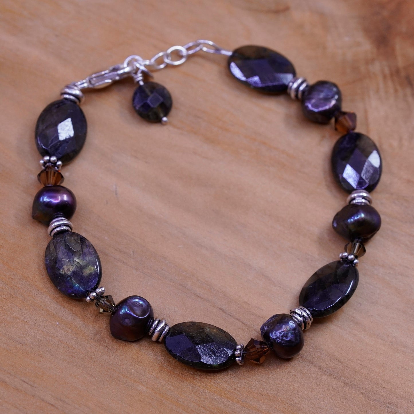7.5”, vtg Sterling 925 silver handmade bracelet, labradorite pearl beads chain