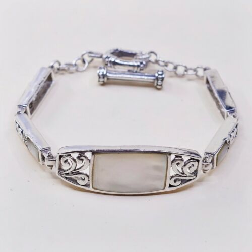 6.75”, Vtg Handmade White Mother Of Pearl Disc Bracelet 925 Sterling silver Bali