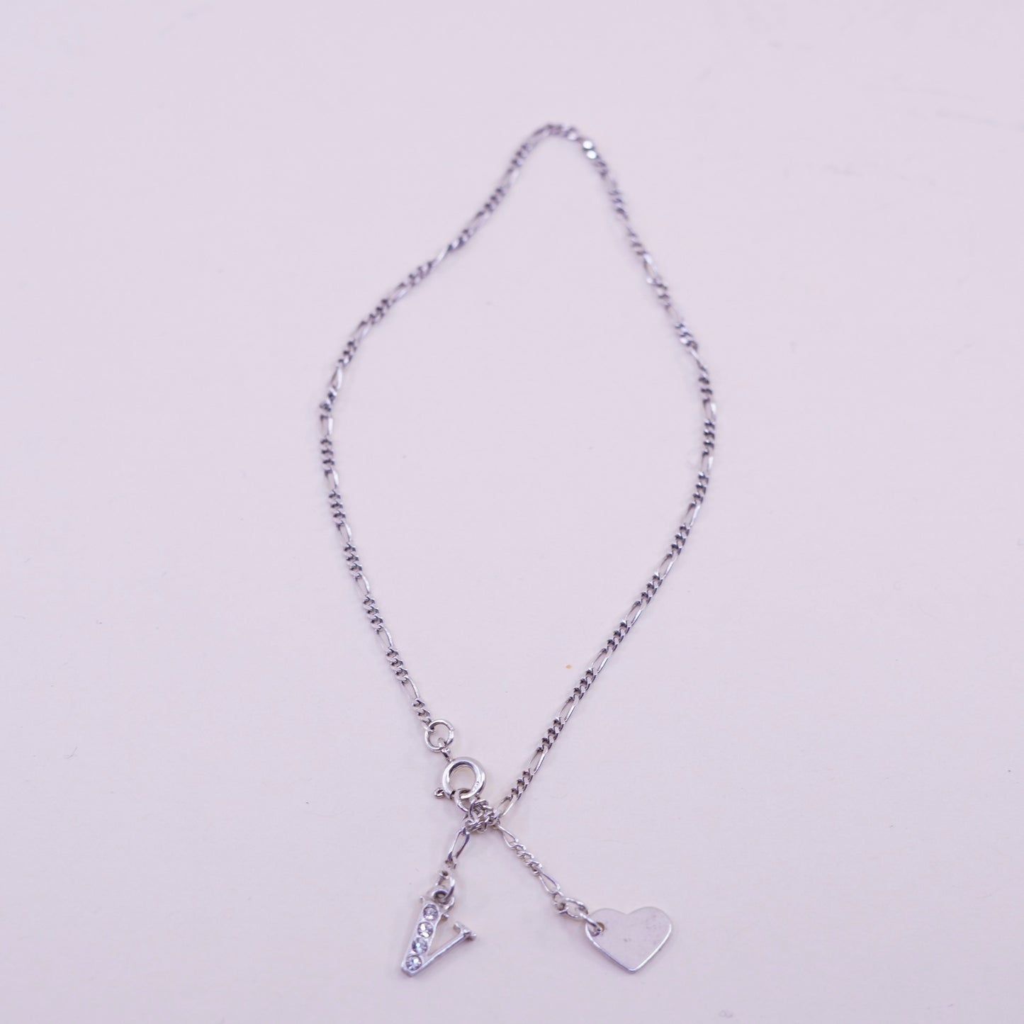 9.25”, sterling silver bracelet, Italy 925 chain, figaro anklet initial A heart