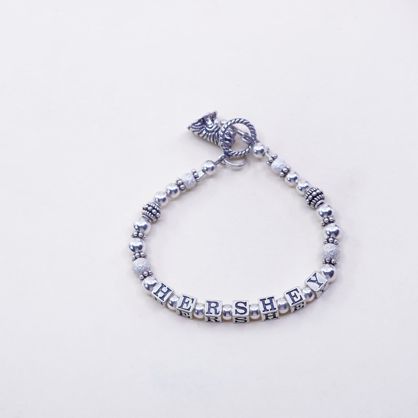 6.75”, Sterling 925 Silver filigree beads bracelet w/ “Hershey” dog sharpie