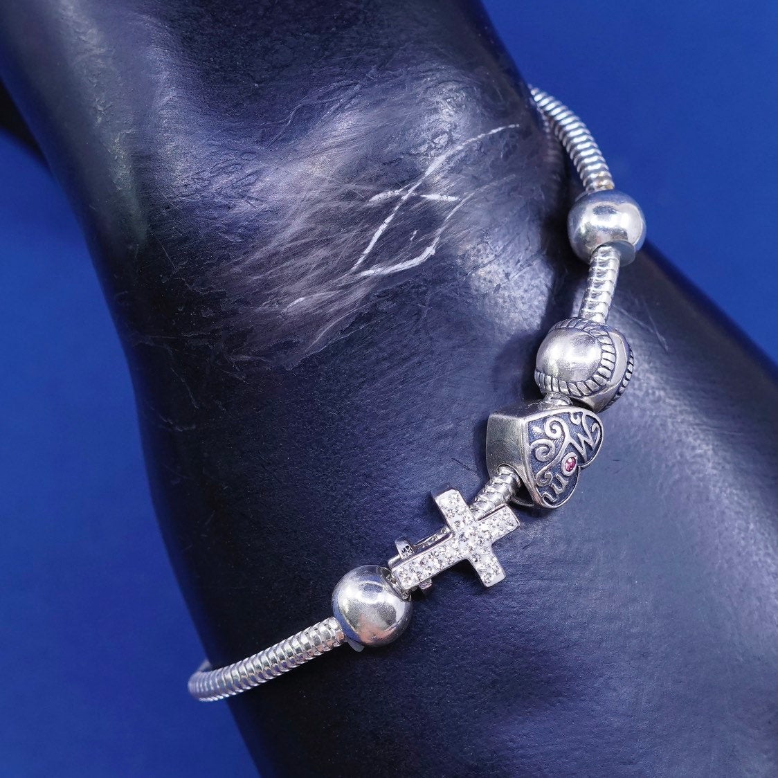 8.5", Sterling silver bracelet, italy 925 snake chain mom baseball cross charms