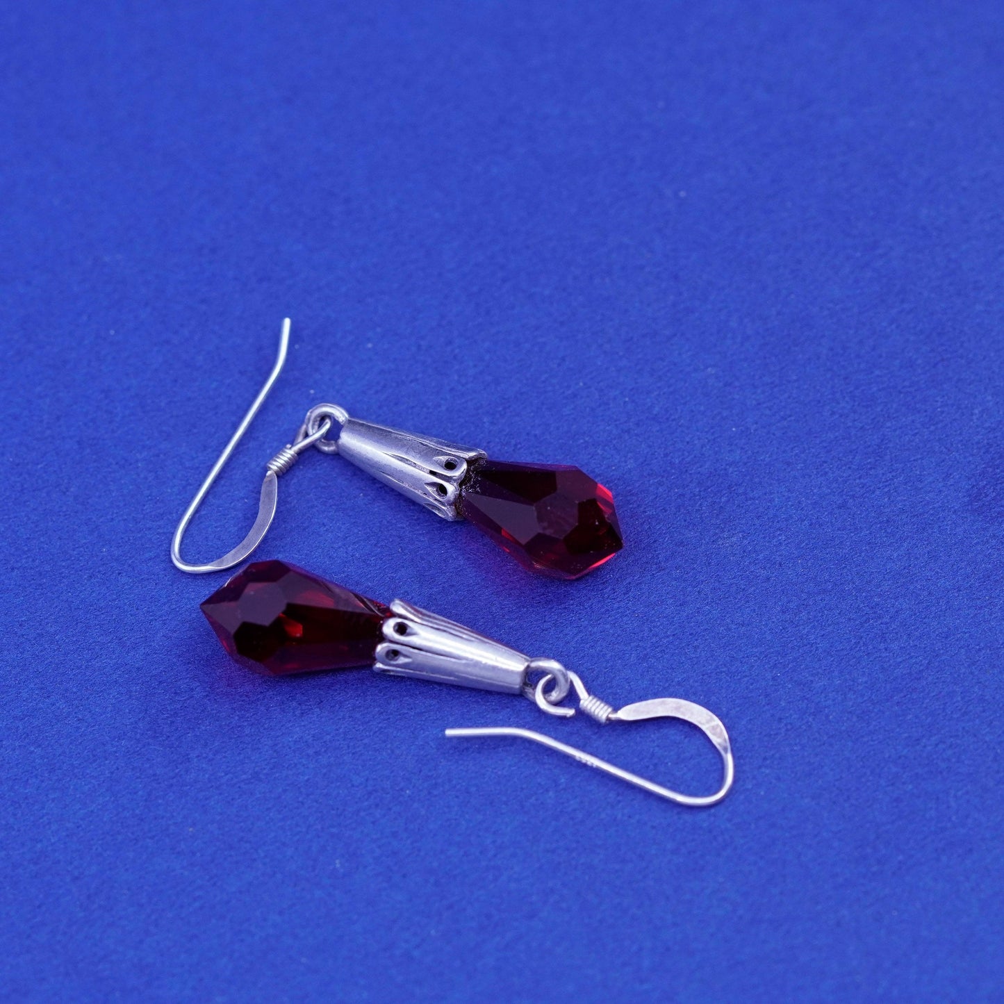 Vintage Sterling 925 silver handmade earrings with teardrop ruby