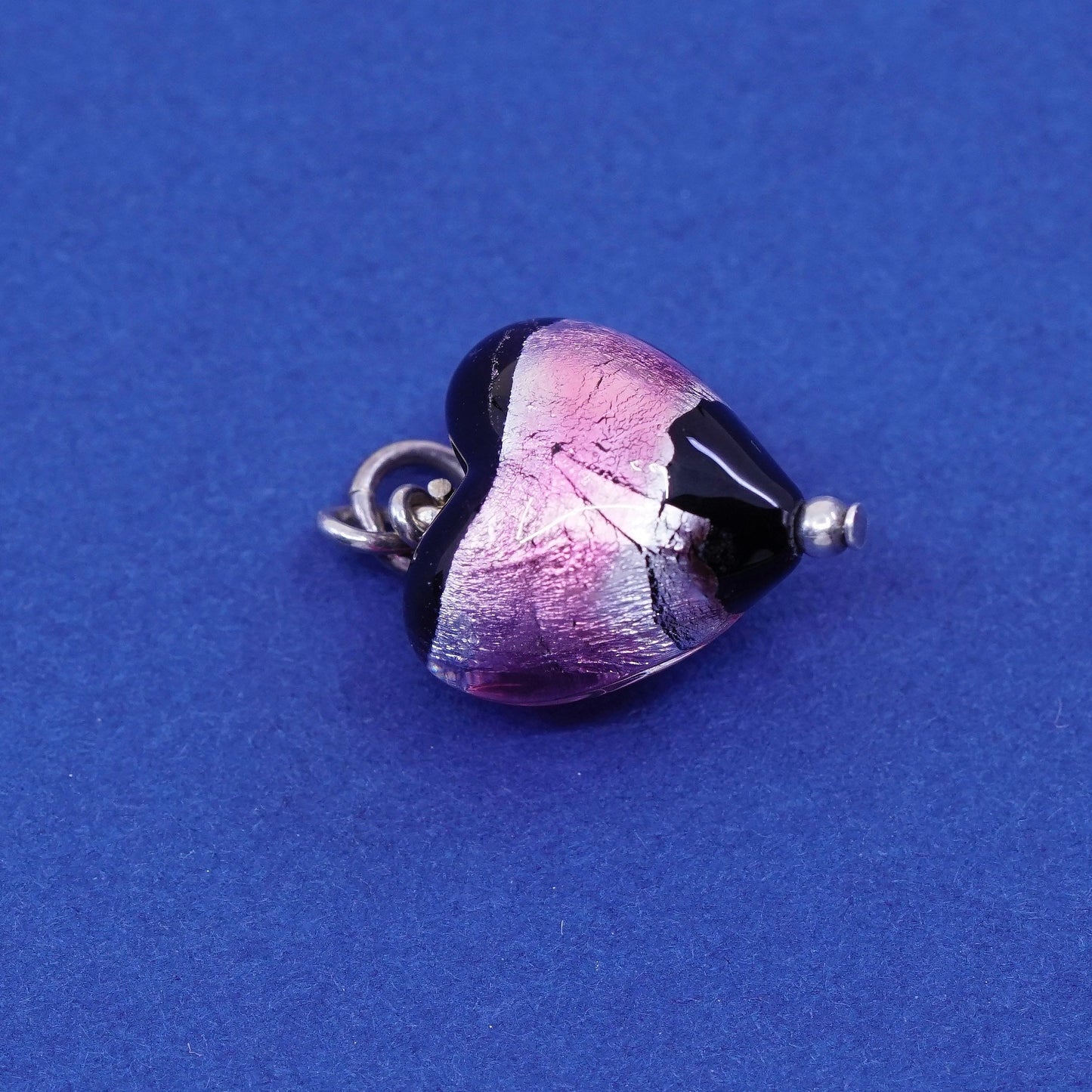 Vintage sterling silver handmade pendant, 925 with blue dichroic heart glass