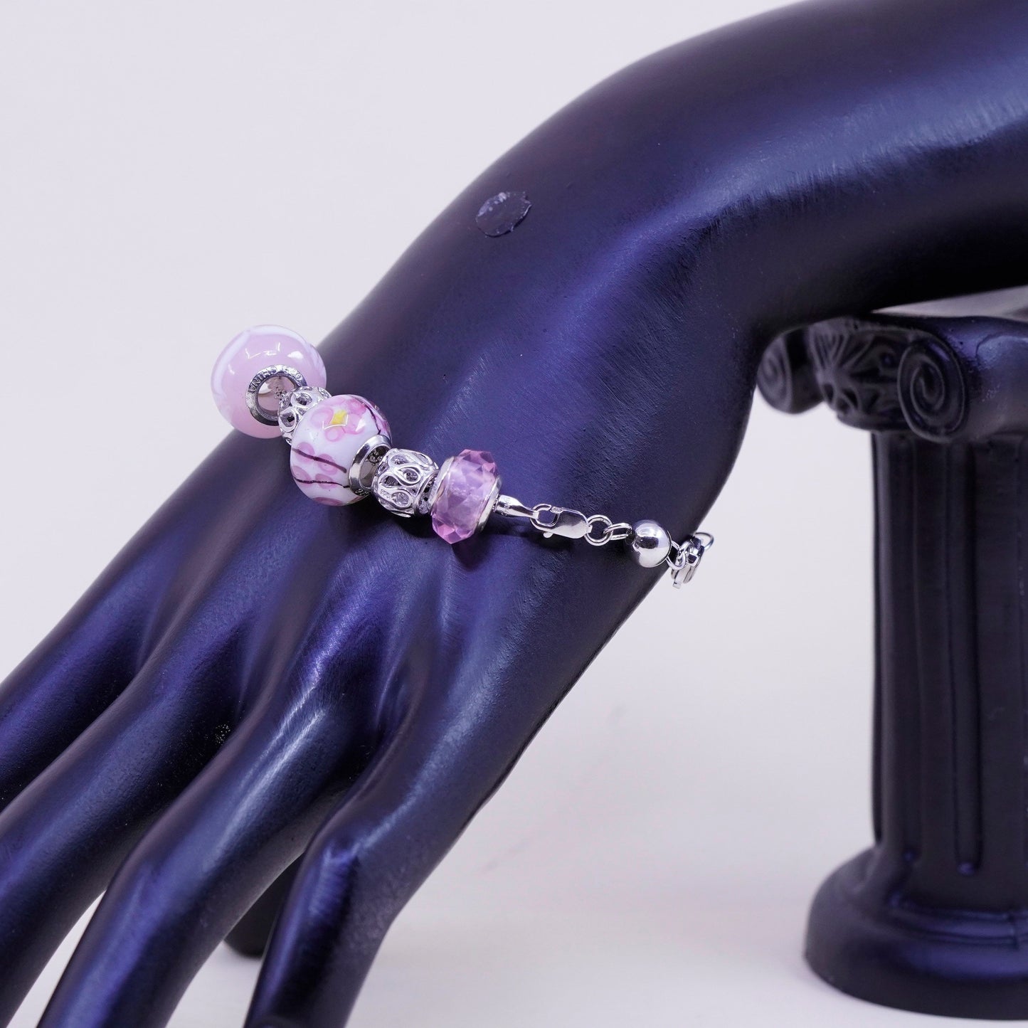 6.75”, 925 Sterling silver popcorn chain bracelet w/ artisan flora glass beads