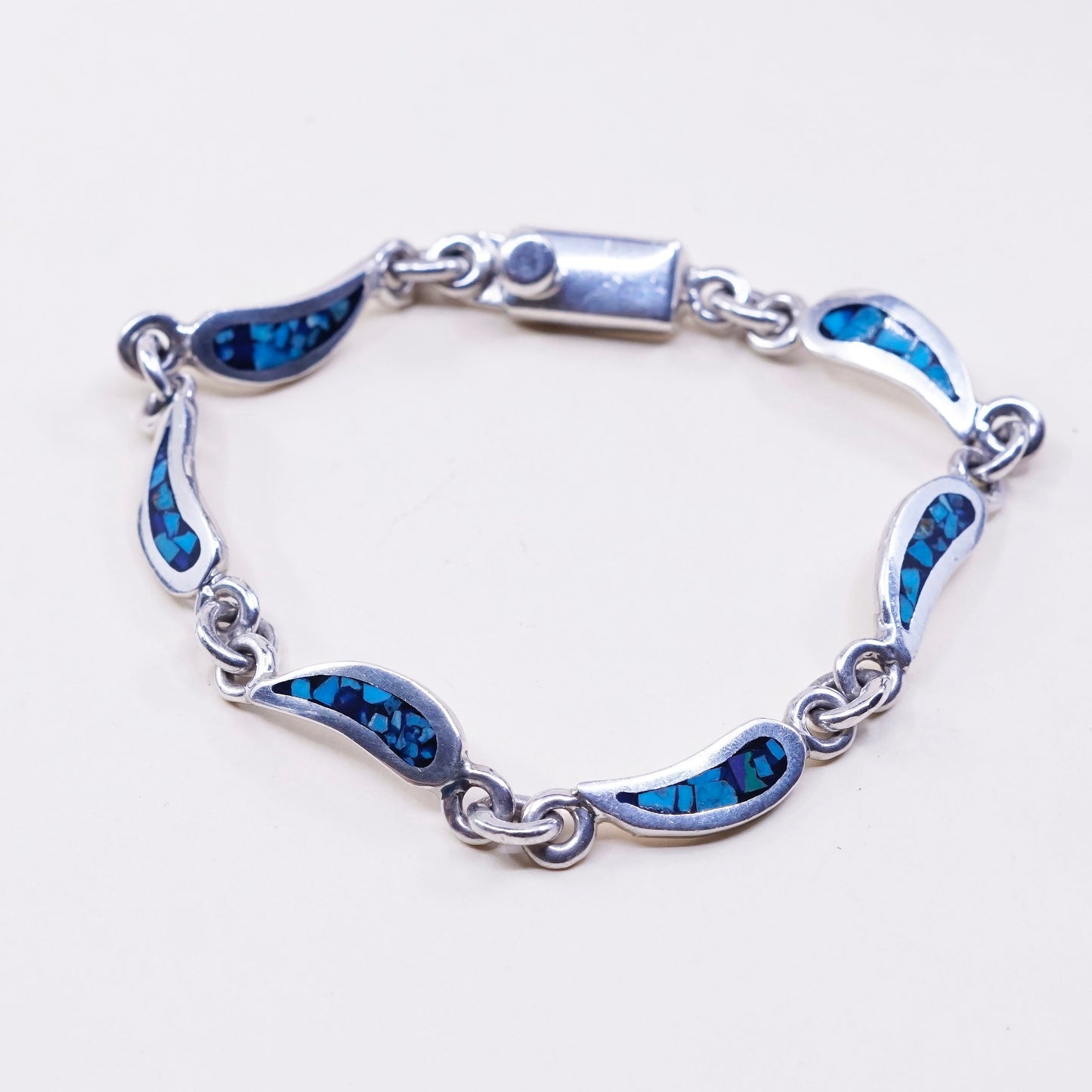 7.75”, mexico hecho en Sterling silver bracelet, 925 teardrop link w/ turquoise