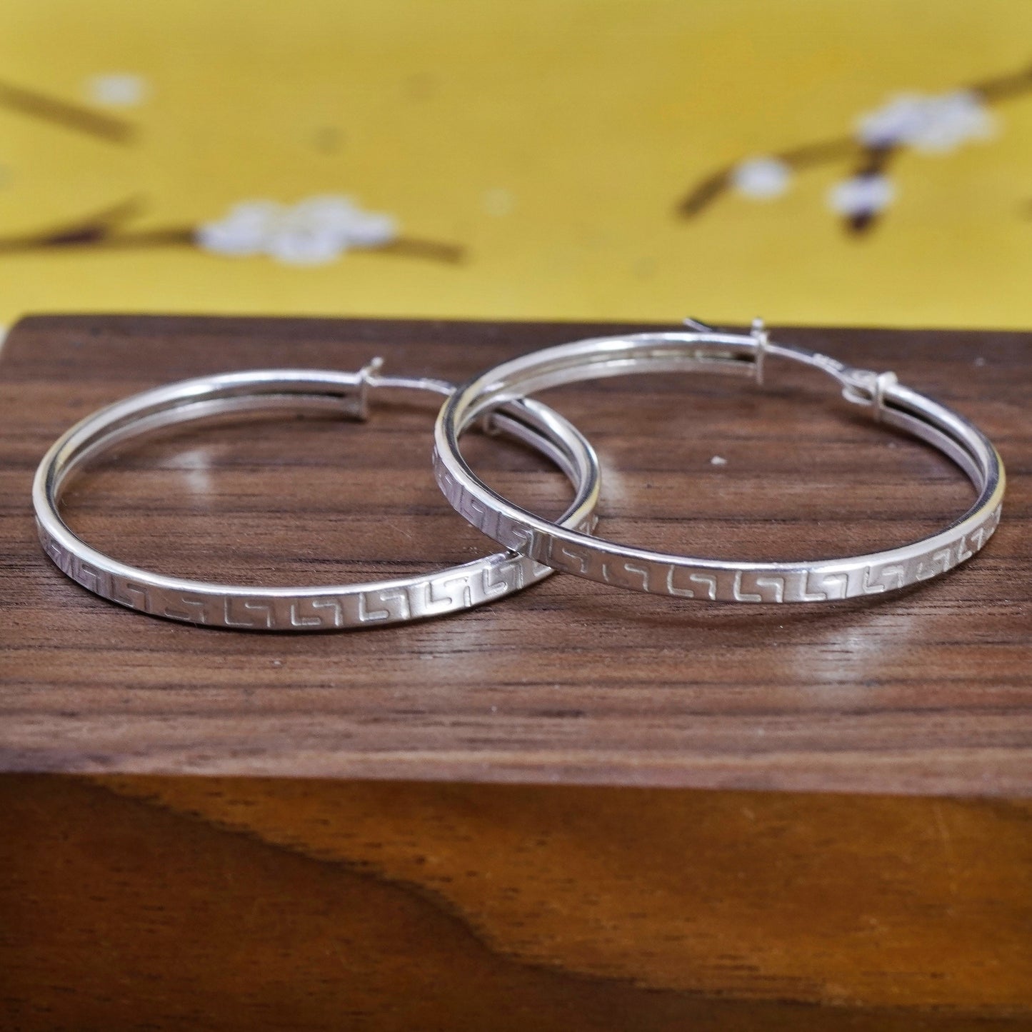 1.5”, Sterling silver handmade hoop earrings, mexico 925 Greek key huggie