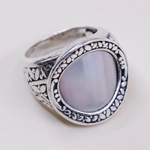 Sz 7.5, Vtg CNA Indonesia Sterling Silver Handmade Cocktail Ring w/ Mop N Bali