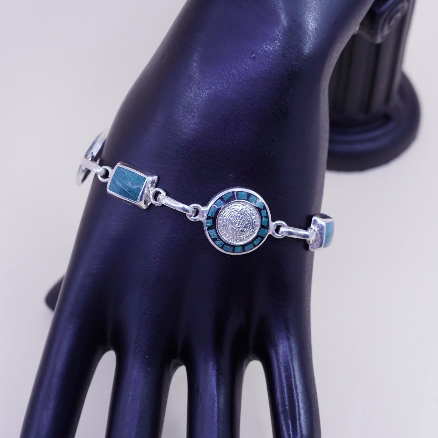 6.75”, sterling silver bracelet, 925 circle disc Mayan calendar malachite