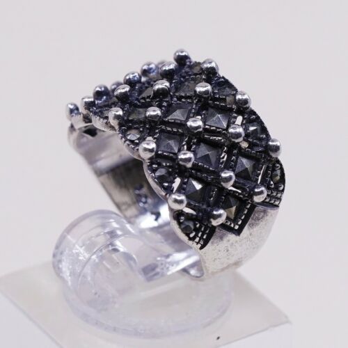 Size 6, Vtg Sterling Silver Handmade Ring, 925 Silver Band W/ Marcasite N Beads