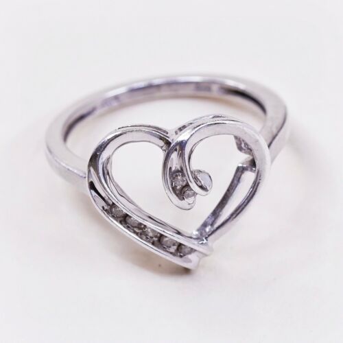 Sz 7.25, Vtg Sterling Fashion Engagement Ring, 925 Heart W/ Diamond, Stamped MAP