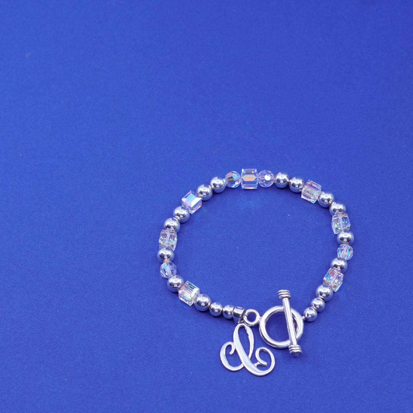 6.75”, sterling 925 silver handmade crystal beads bracelet and initial A charm