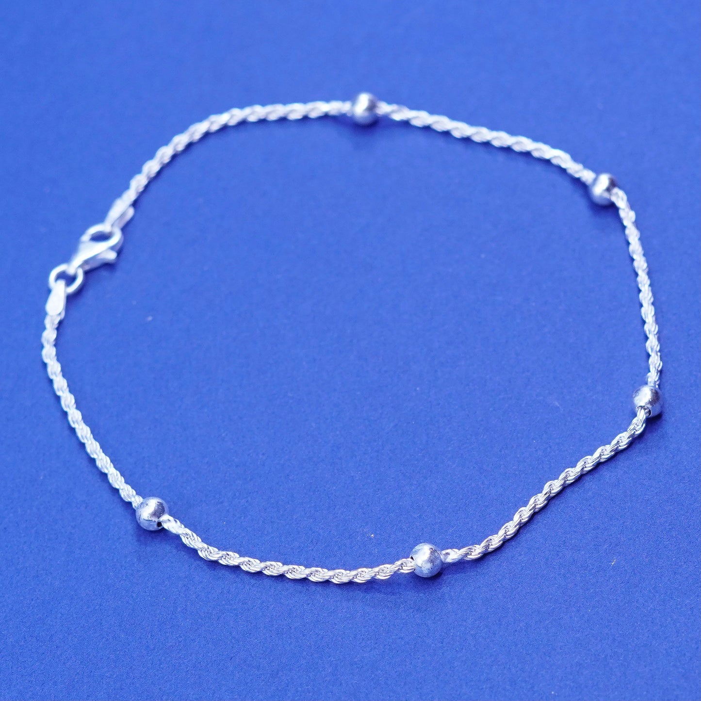 9.5”, vintage sterling silver handmade bracelet, 925 rope anklet chain beads
