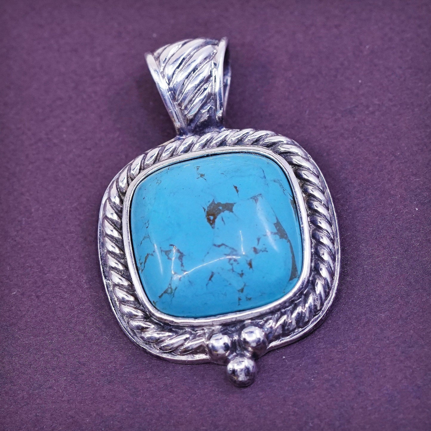 GSN Sterling silver handmade square pendant, Mexico 925 w/ turquoise N cable