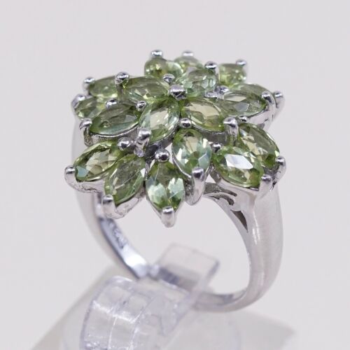 Sz 5, Vtg stauer Sterling Silver Handmade Ring, 925 Flower W/ Marquise peridot