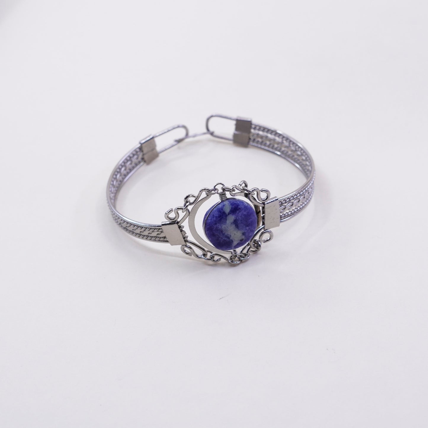 6.5”, Vintage sterling 925 silver twisted chain bangle bracelet with sodalite