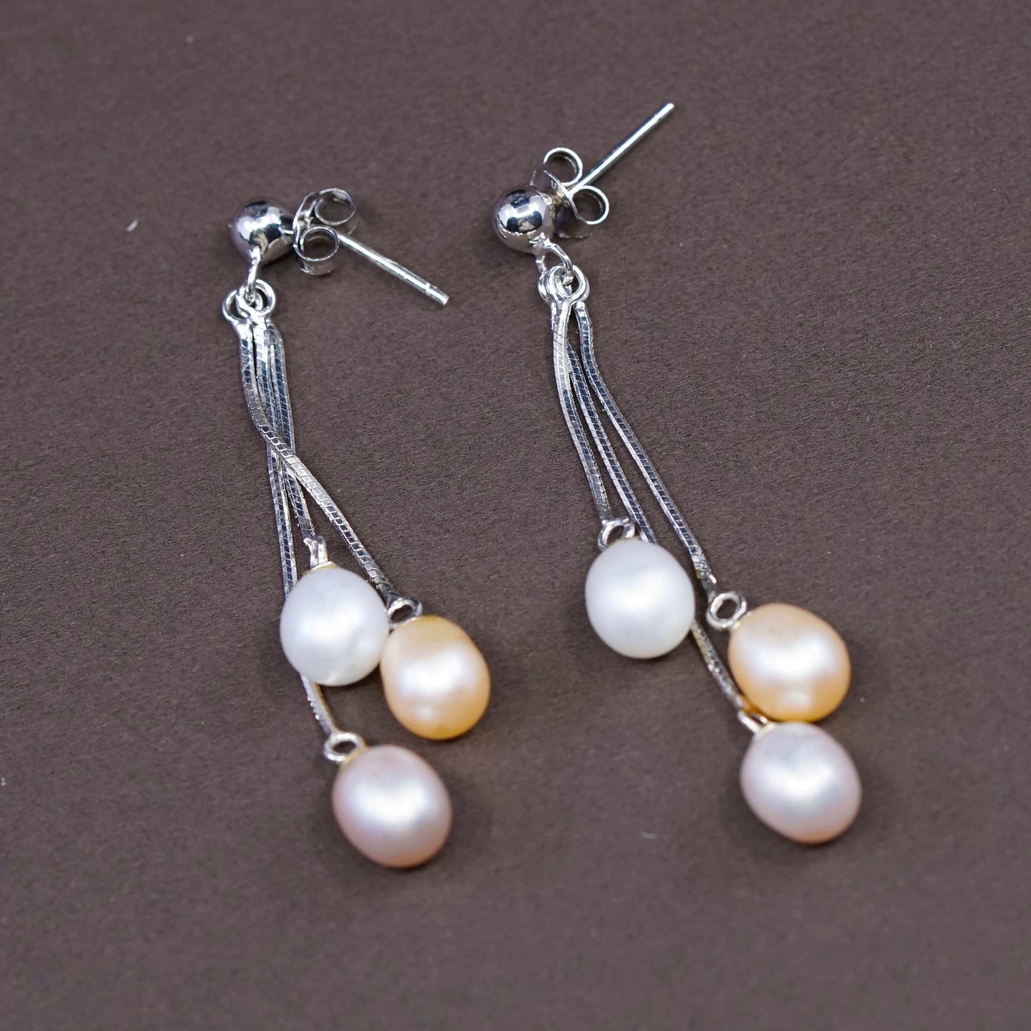 Vintage Sterling silver handmade earrings, 925 snake chain with pearl drops