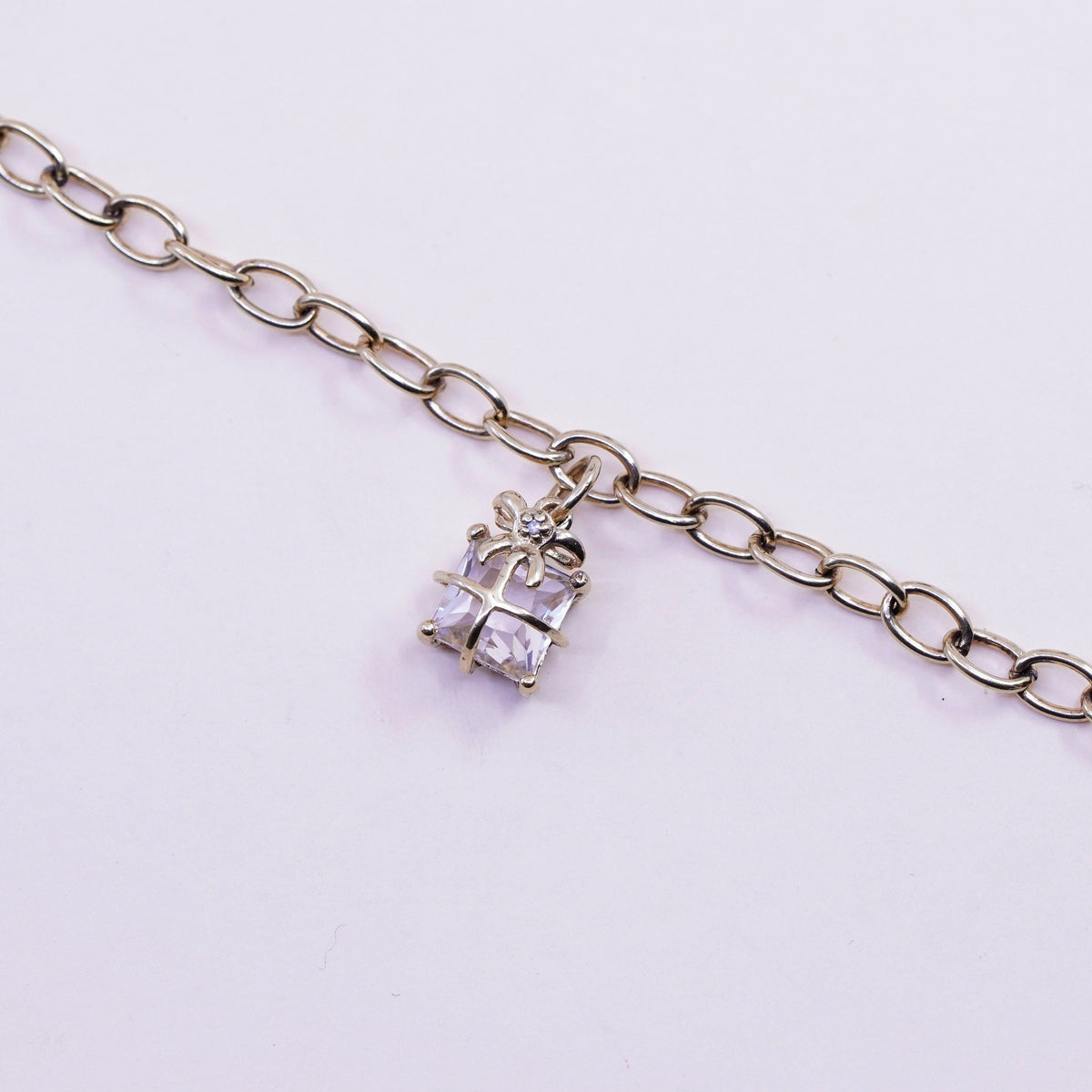7.5”, vtg Vermeil gold over Sterling silver circle chain bracelet box charm cz
