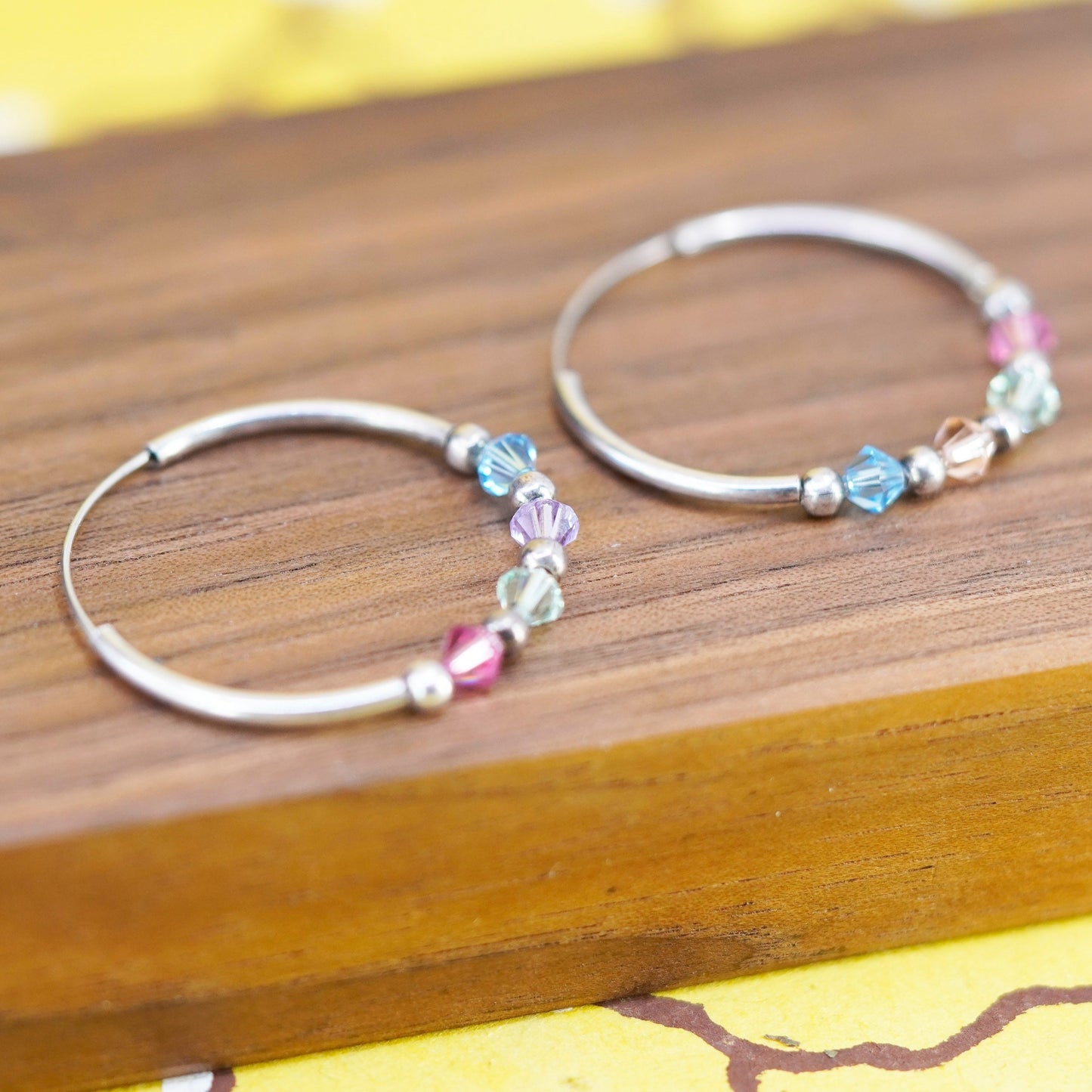 1.25”, vintage Italy Sterling silver handmade hoops 925 huggie earrings crystal