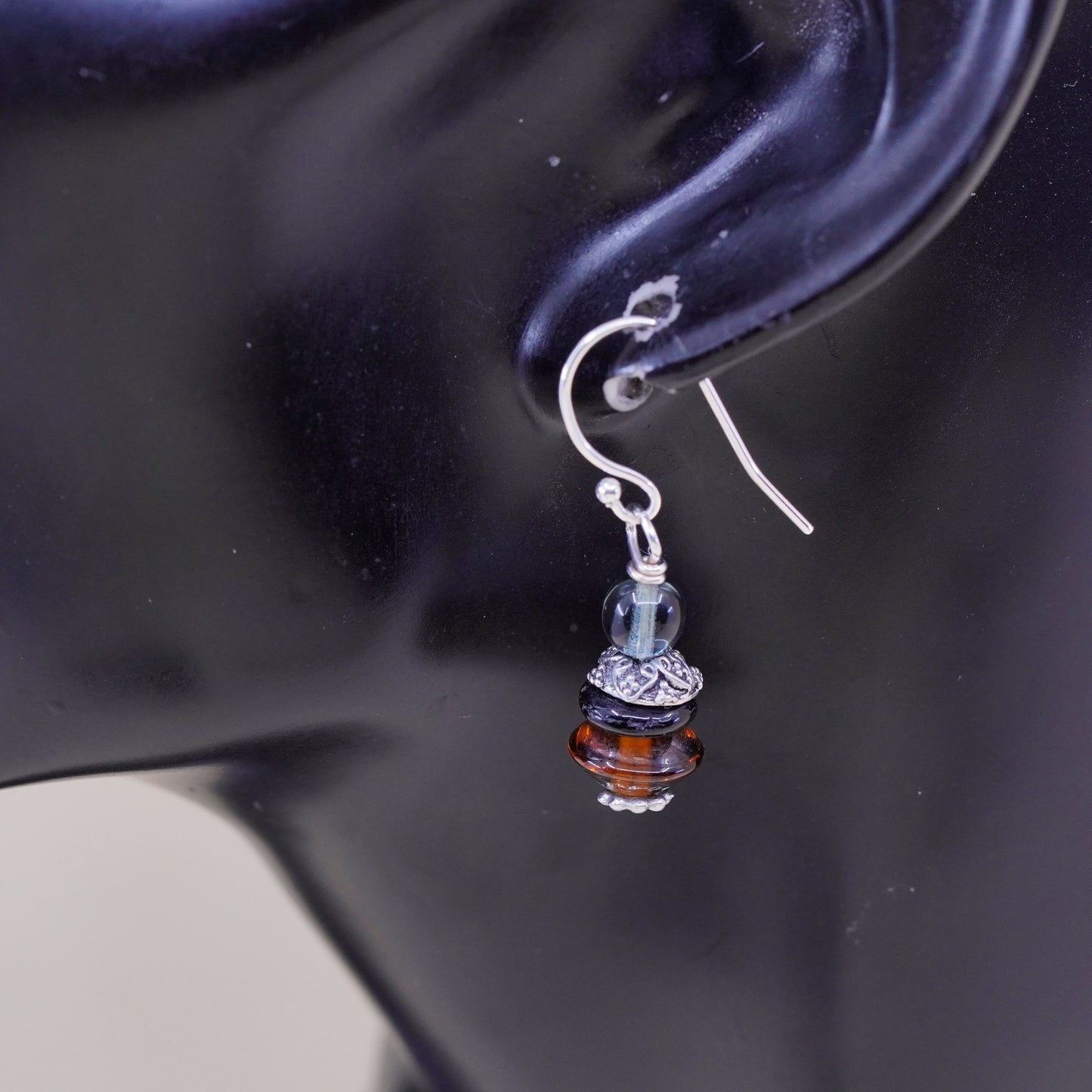 Vintage Sterling silver handmade earrings, 925 hook with amber obsidian beads