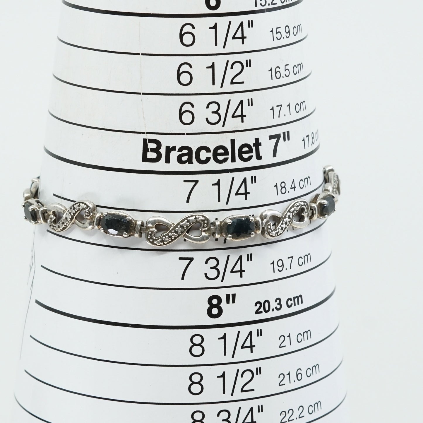 7.5” Vintage sterling 925 silver double heart with obsidian tennis bracelet