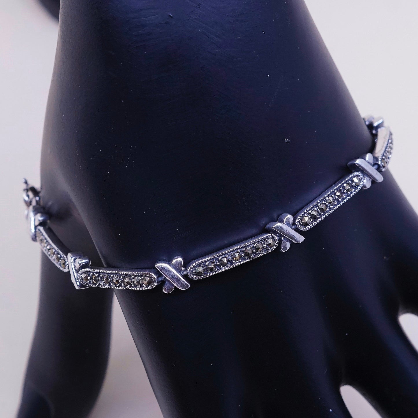 7.5”, VTG sterling silver handmade tennis bracelet, fine 925 w/ marcasite