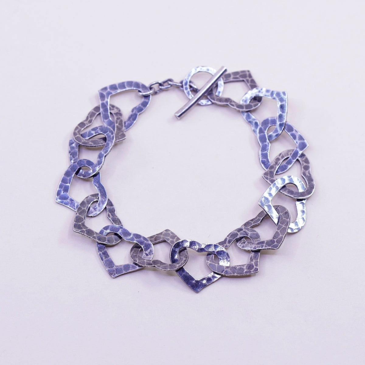 6.25”, Vintage sterling silver hammered oxidized heart bracelet, 925 chain