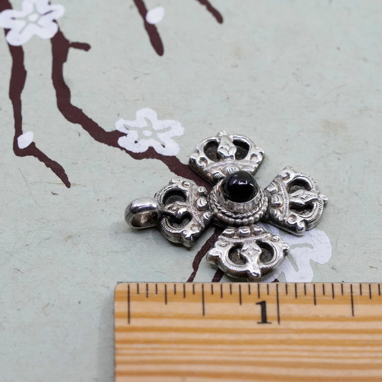 Vintage Nepal Sterling silver handmade charm, 925 Jerusalem cross pendant onyx