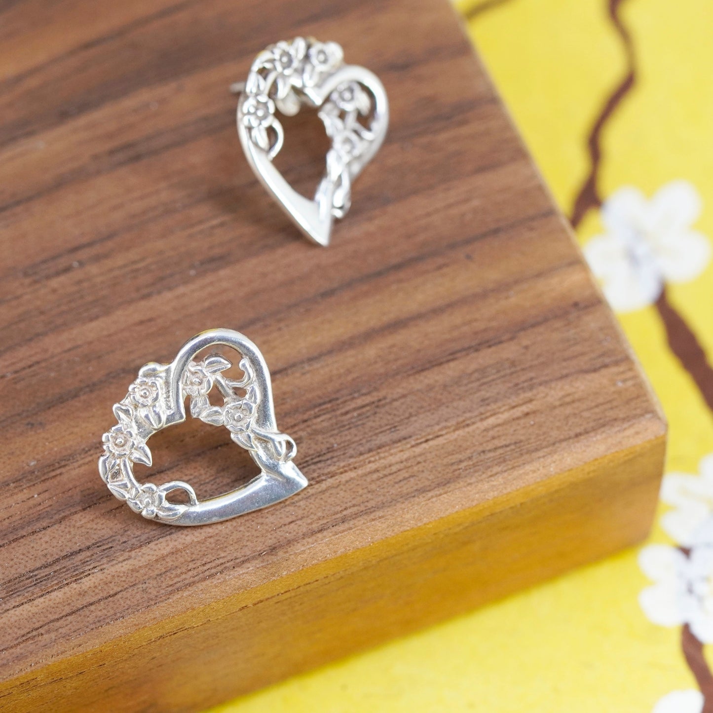 Vintage Sterling silver handmade earrings, floral textured 925 heart studs