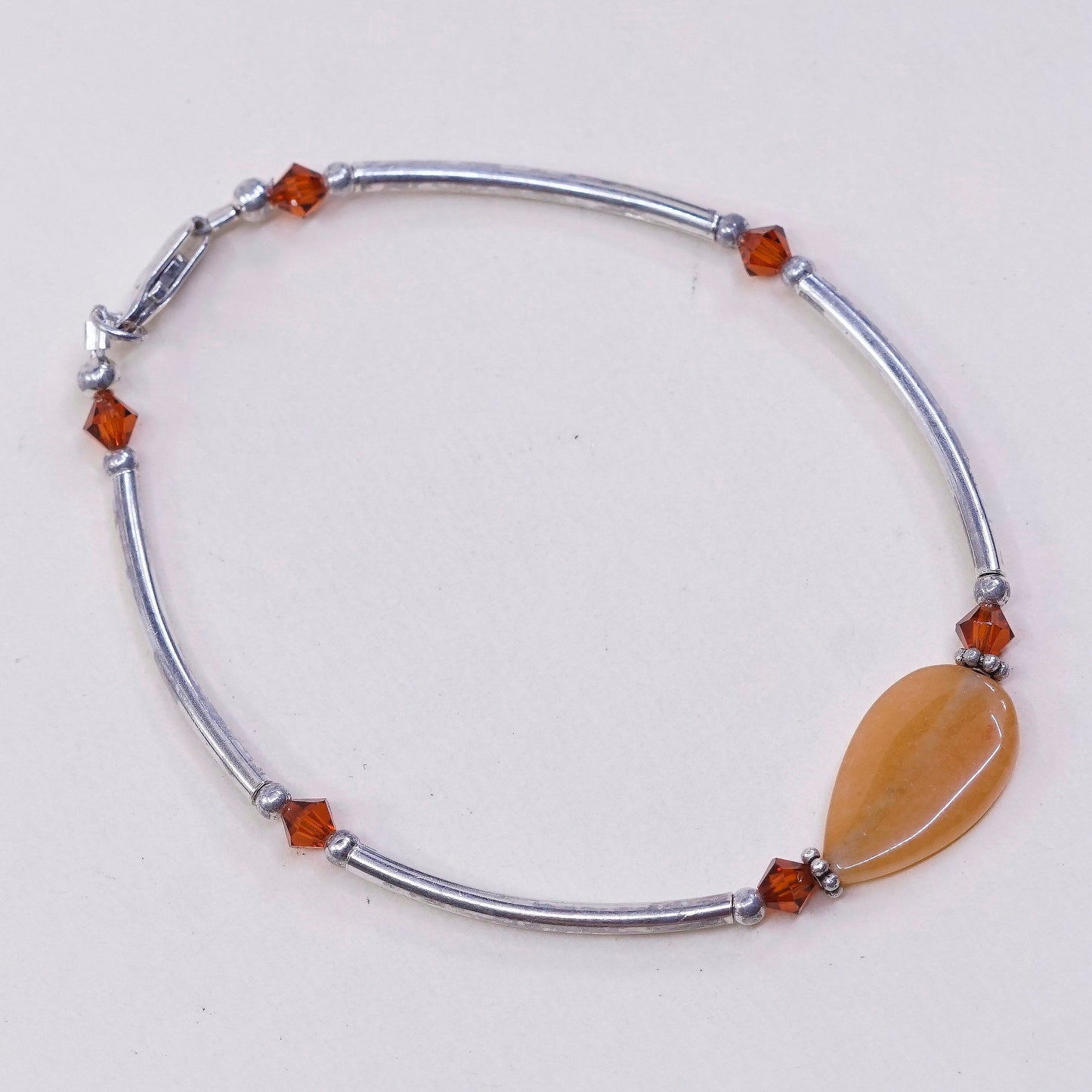 6.75”, vintage 925 Sterling silver bar N beads bracelet w/ orange gemstone