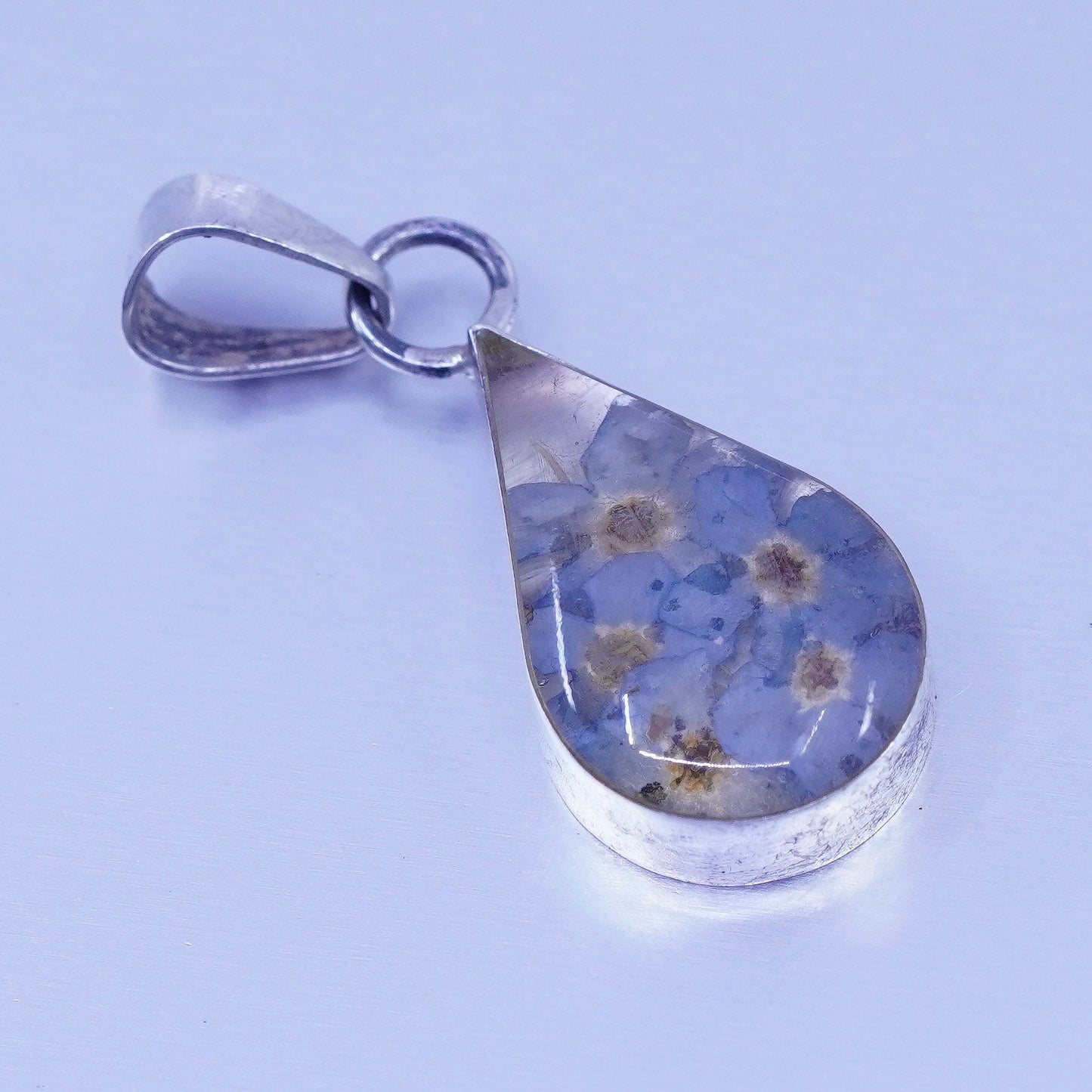 antique sterling 925 silver resin pendant with blue resin flower